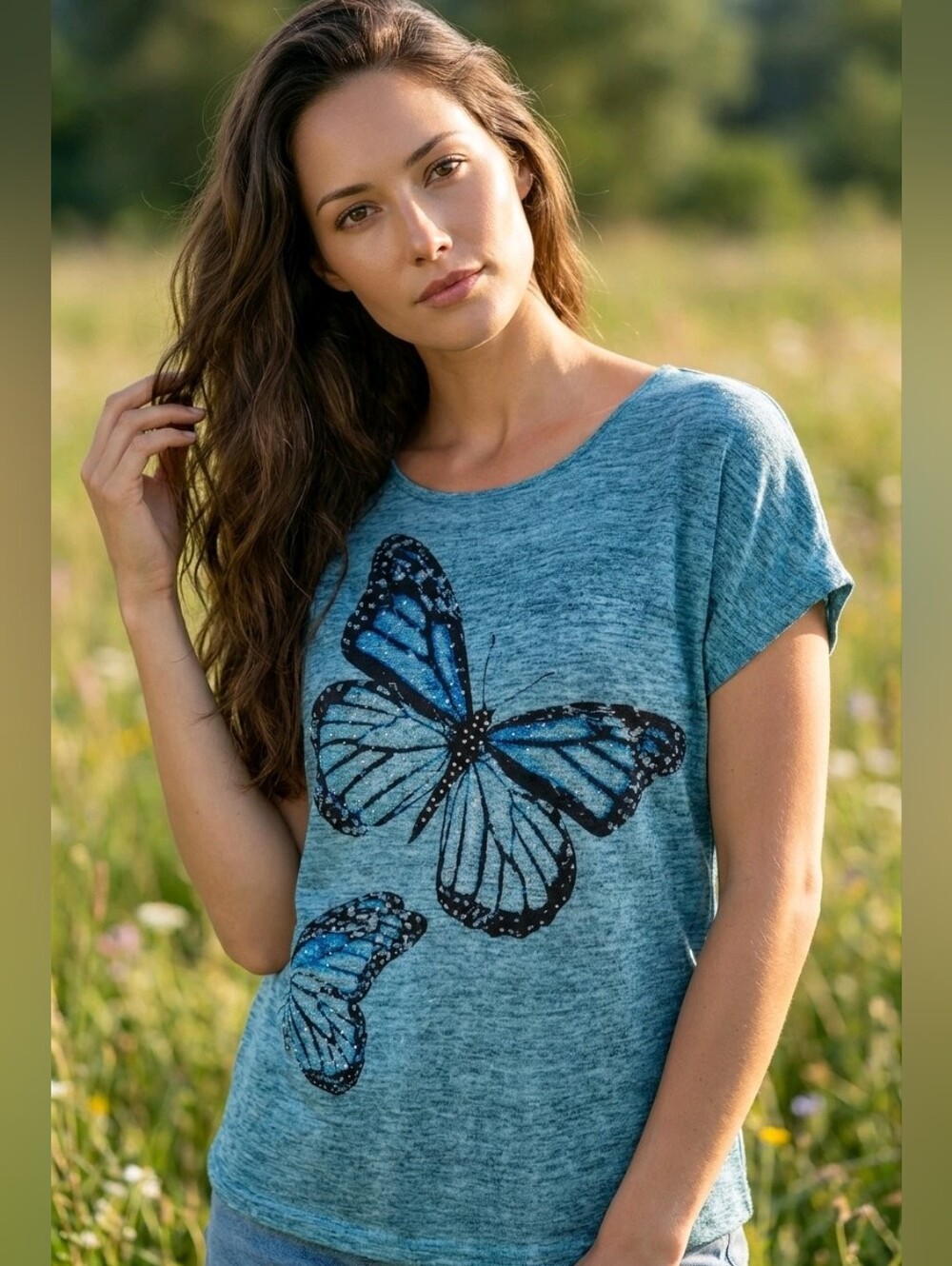 🩵🦋 Butterfly Iridescent Naturecore Bohemian Lavish Studded Graphic Tee 2X NWT